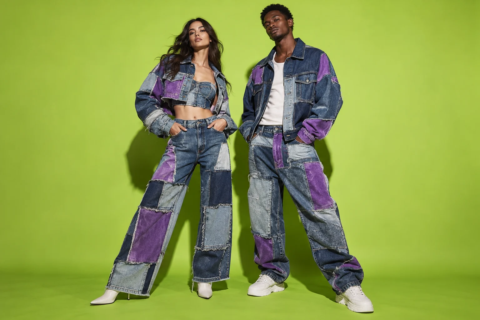 Original fashion made from reworked denim and violet textiles