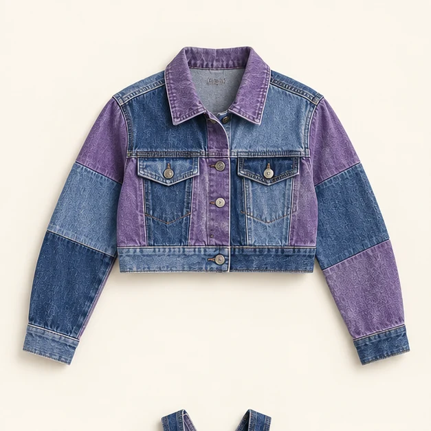 The details of reconstructed violet and denim garments